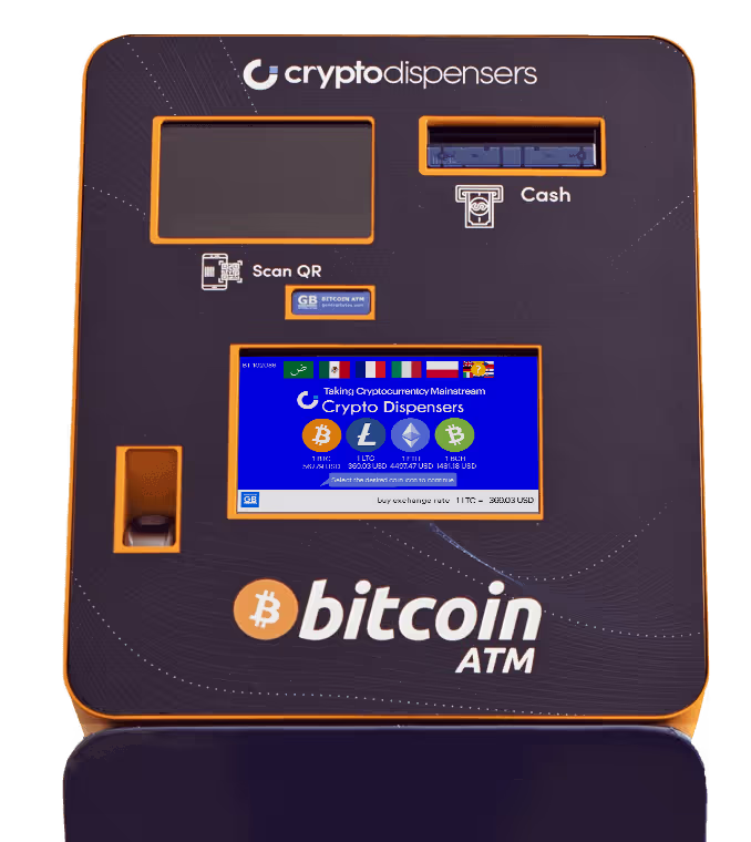 An image of a Crypto Dispensers Bitcoin ATM showing the different cryptocurrencies offered at their Bitcoin ATM locations
